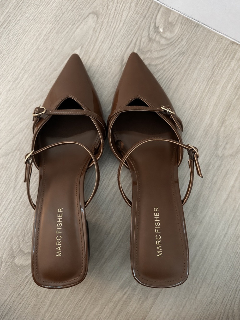 Marc Fisher Brown Pointed-Toe Mary Jane Slingback Flats with Gold Buckles